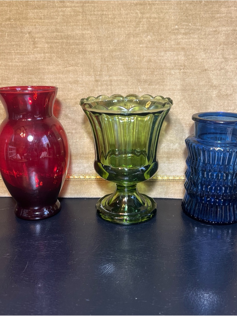 Vintage Royal Ruby Red Moss Green Sapphire Blue Vase Lot Trio Transparent Glass